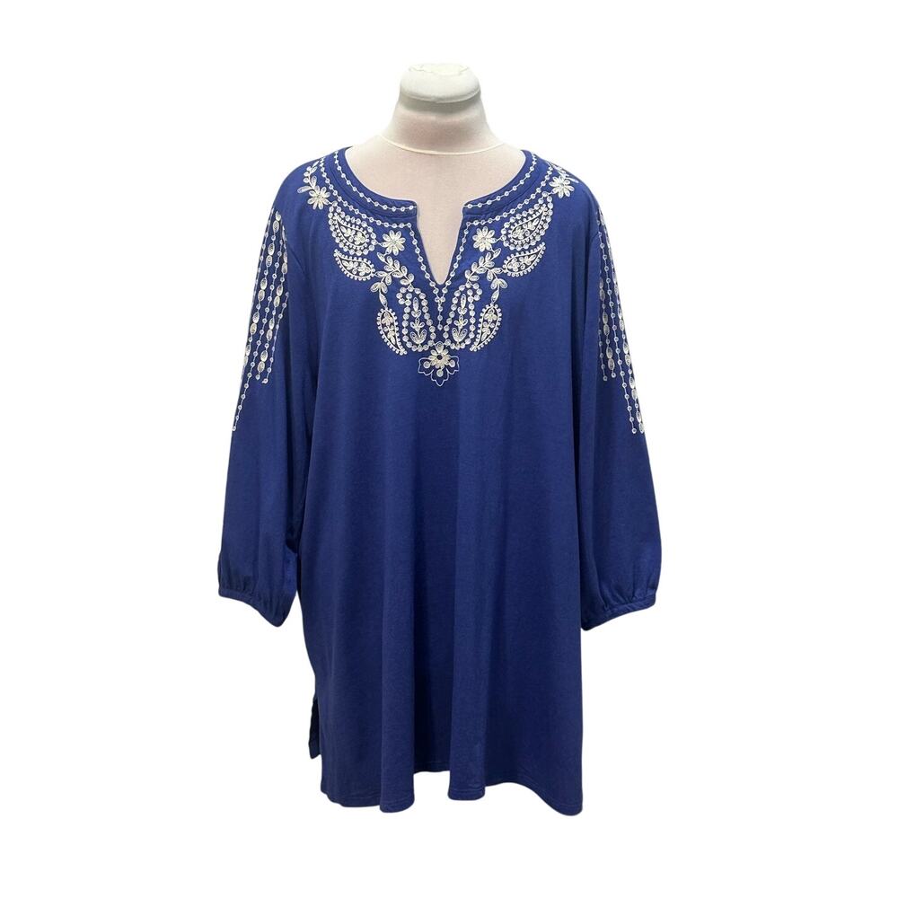 J.JILL J. JILL Blue Split Neck White Embroidered Tunic Top XL Cotton Modal Soft